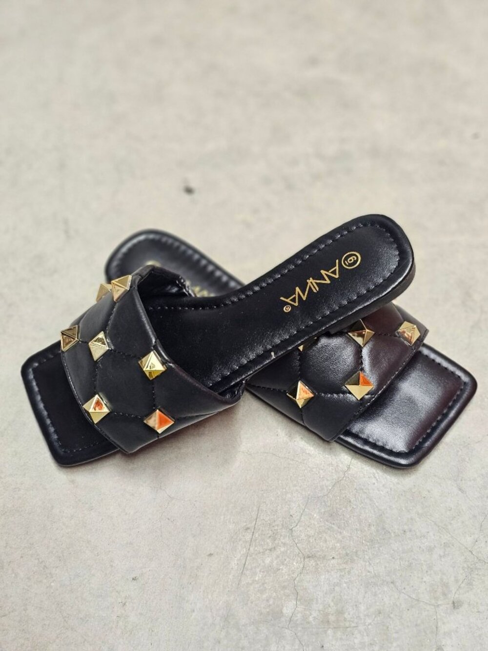 Black Quilted Slides With Gold Studded Detail For Women - Square Toe Slip-On San - Picture 10 of 10